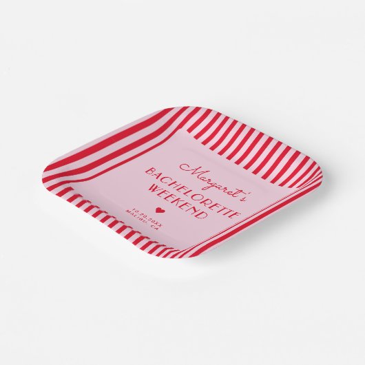 Retro roze & rode strepen vrijgezellenweekend papieren bordje (Gebogen)