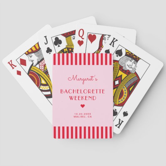 Retro roze & rode strepen vrijgezellenweekend pokerkaarten (Achterkant)
