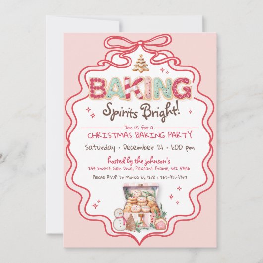 Retro Roze & Rode strik Kerst Cookie Baking Party Kaart (Voorkant)
