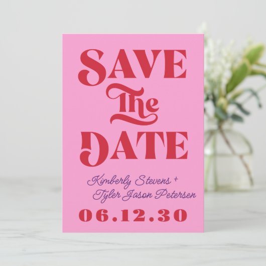 Retro roze rode trouwdag save the date (Staand voorkant)
