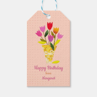 Retro Roze Rode Tulpen Pastellavendel Bedankt Cadeaulabel