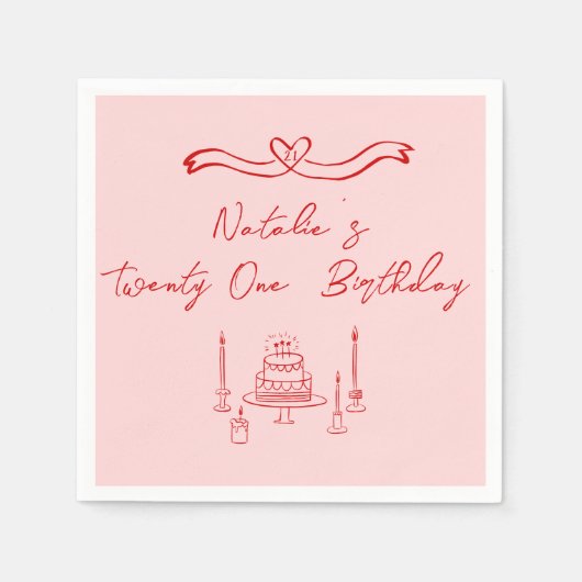 Retro Roze Rood 21e Hand Getrokken Taart Boog Verj Servet (Voorkant)