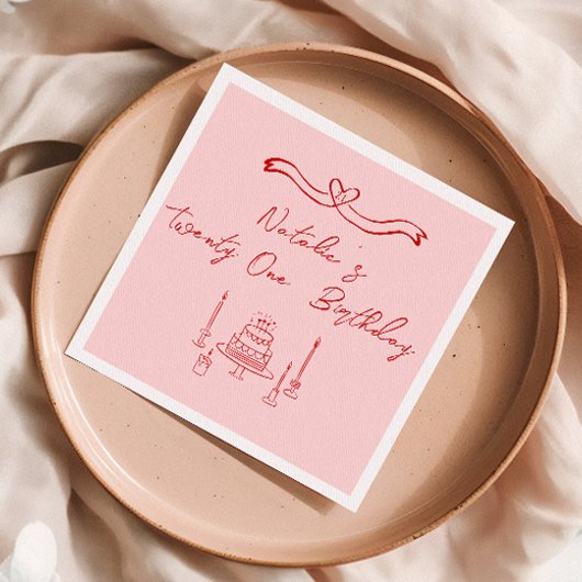 Retro Roze Rood 21e Hand Getrokken Taart Boog Verj Servet