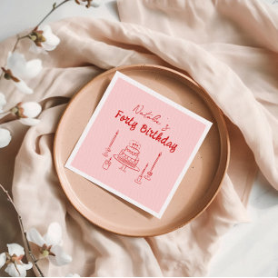 Retro Roze Rood 40e Hand getrokken Cake Veertig Ve Servet