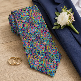 Retro Roze Rood Blauw Geel Paisley Bloemmotief Stropdas