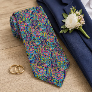 Retro Roze Rood Blauw Geel Paisley Bloemmotief Stropdas