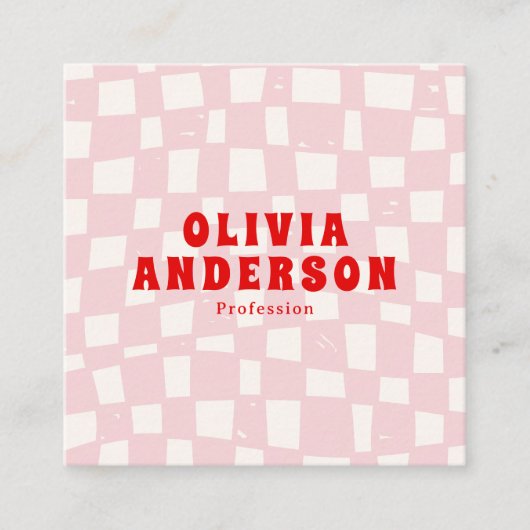 Retro Roze Rood Bold 70's Groovy Geruit Vierkante Visitekaartje (Voorkant)