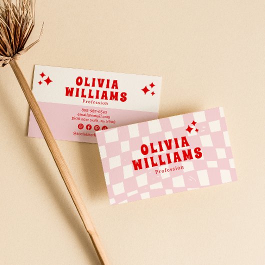 Retro Roze Rood Bold Groovy Trendy Girly Geruit Visitekaartje