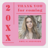 Retro Roze Rood Foto Afstuderen Dank u Vierkante Sticker (Voorkant)