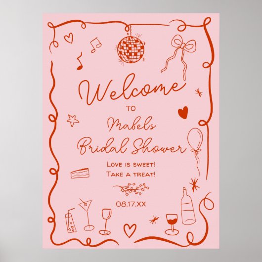 Retro roze rood geïllustreerd welkom vrijgezellenf poster (Voorkant)