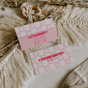 Retro Roze Rood Geruit Groovy Bloemig Boho Trendy Visitekaartje