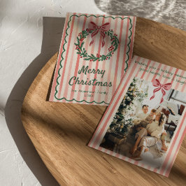 Retro Roze Rood Groen Getekende Krans Lint Kerstmi Feestdagenkaart