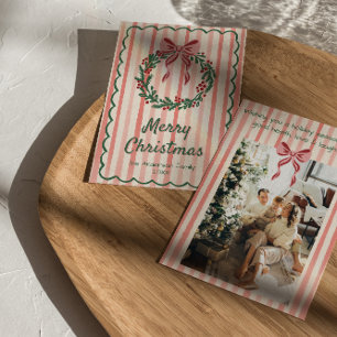 Retro Roze Rood Groen Getekende Krans Lint Kerstmi Feestdagenkaart