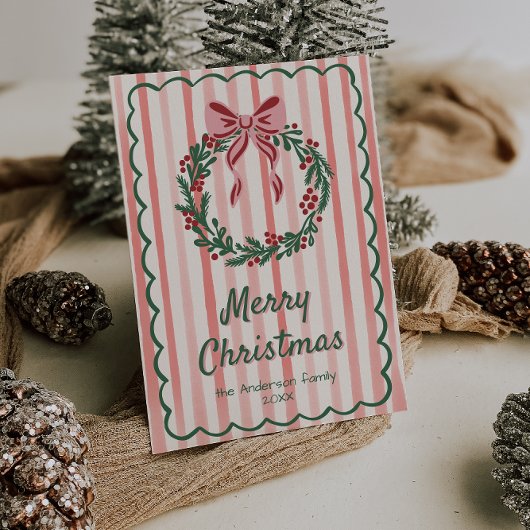 Retro Roze Rood Groen Getrokken Krans Boog Kerstmi Feestdagenkaart