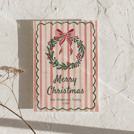 Retro Roze Rood Groen Getrokken Krans Boog Kerstmi Feestdagenkaart