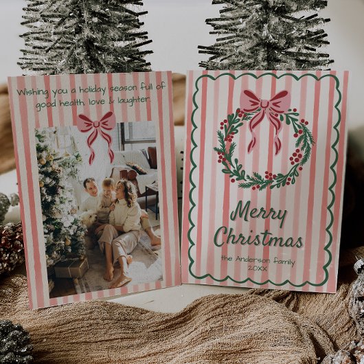 Retro Roze Rood Groen Getrokken Krans Boog Kerstmi Feestdagenkaart