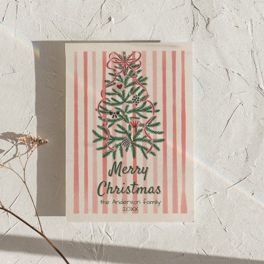 Retro Roze Rood Groen Getrokken Linten Boom Kerstm Feestdagenkaart