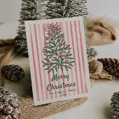 Retro Roze Rood Groen Getrokken Linten Boom Kerstm Feestdagenkaart