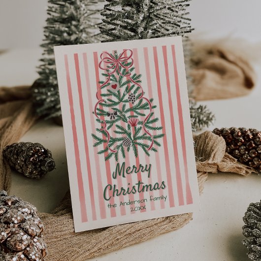 Retro Roze Rood Groen Getrokken Linten Boom Kerstm Feestdagenkaart