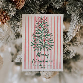 Retro Roze Rood Groen Getrokken Linten Boom Kerstm Feestdagenkaart