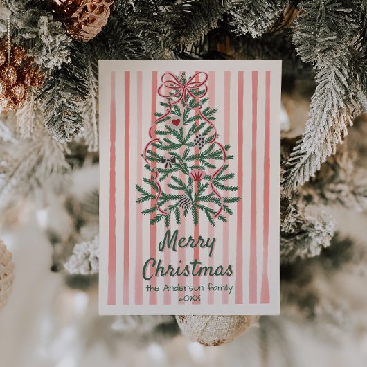 Retro Roze Rood Groen Getrokken Linten Boom Kerstm Feestdagenkaart