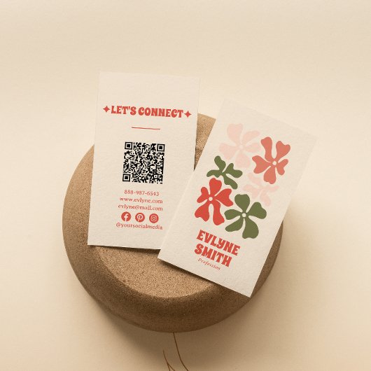 Retro Roze Rood Groen QR Code Groovy Floral Boho Visitekaartje