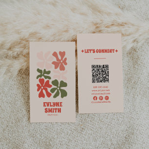 Retro Roze Rood Groen QR Code Groovy Floral Boho Visitekaartje