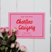 Retro roze & rood handgeschreven huwelijk weet de  save the date