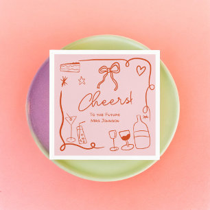 Retro roze rood handgetekend geïllustreerd vrijgez servet