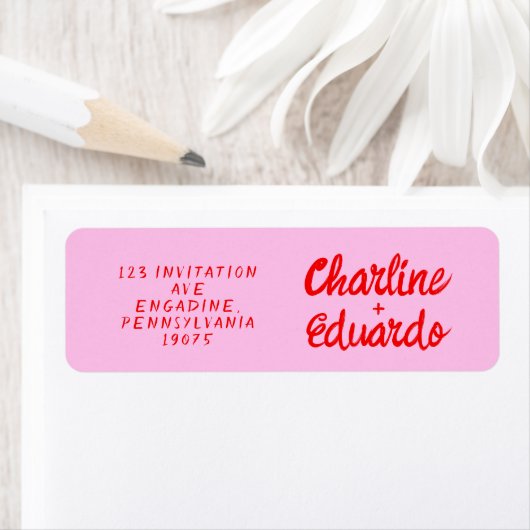 Retro Roze &Rood handschrift bruiloft label (Insitu)
