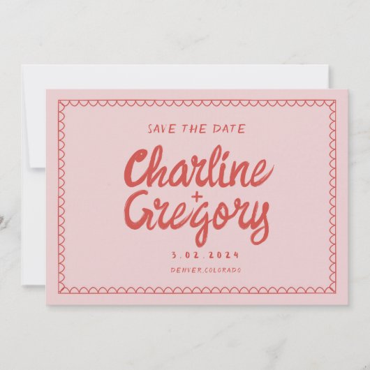 Retro Roze Rood Handschrift Bruiloft Save the Date Kaart (Voorkant)