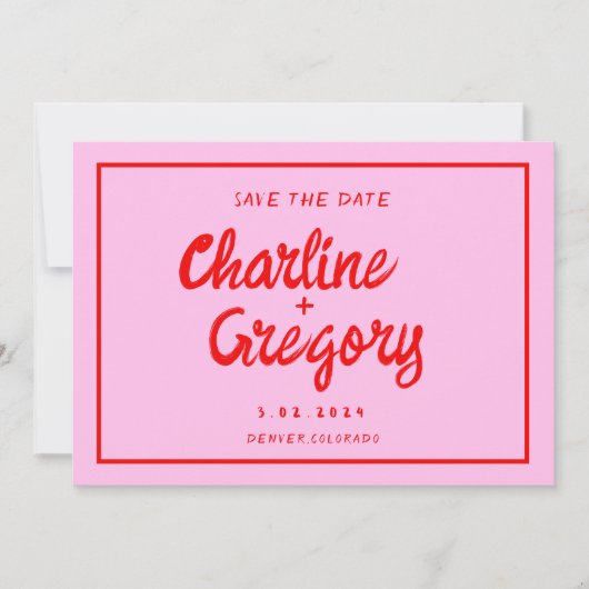 Retro Roze Rood Handschrift Bruiloft Save the Date Kaart (Voorkant)