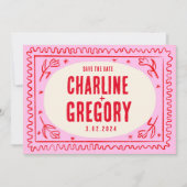 Retro Roze Rood Handschrift Bruiloft Save the Date Kaart (Voorkant)