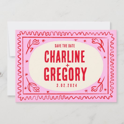 Retro Roze Rood Handschrift Bruiloft Save the Date Kaart (Voorkant)