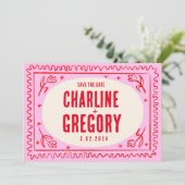 Retro Roze Rood Handschrift Bruiloft Save the Date Kaart (Staand voorkant)