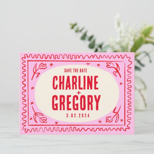 Retro Roze Rood Handschrift Bruiloft Save the Date Kaart (Staand voorkant)