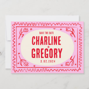 Retro Roze Rood Handschrift Bruiloft Save the Date Kaart