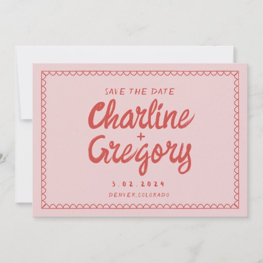 Retro Roze Rood Handschrift Bruiloft Save the Date Kaart (Voorkant)