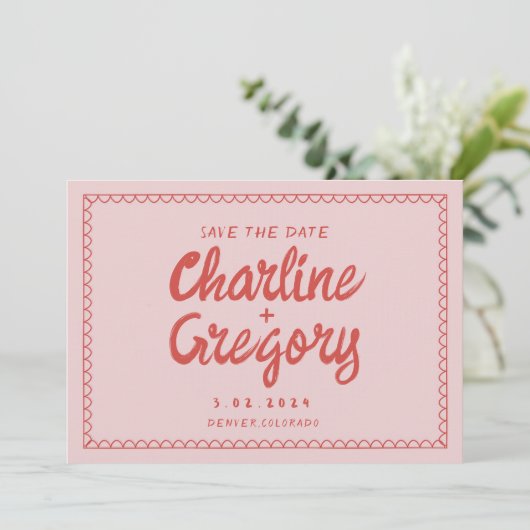 Retro Roze Rood Handschrift Bruiloft Save the Date Kaart (Staand voorkant)
