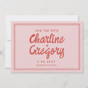 Retro Roze Rood Handschrift Bruiloft Save the Date Kaart