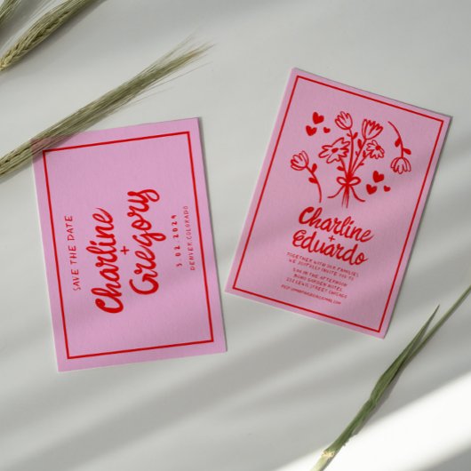 Retro Roze Rood Handschrift Bruiloft Save the Date Kaart