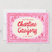 Retro Roze Rood Handschrift Bruiloft Save the Date Kaart (Voorkant)