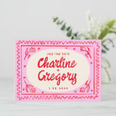 Retro Roze Rood Handschrift Bruiloft Save the Date Kaart (Staand voorkant)