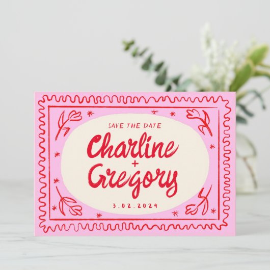 Retro Roze Rood Handschrift Bruiloft Save the Date Kaart (Staand voorkant)