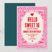 Retro Roze Rood Handschrift Sweet 16 verjaardag Kaart (Voorkant / Achterkant)