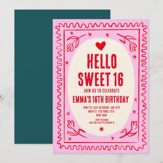 Retro Roze Rood Handschrift Sweet 16 verjaardag Kaart (Voorkant / Achterkant)