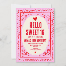 Retro Roze Rood Handschrift Sweet 16 verjaardag Kaart