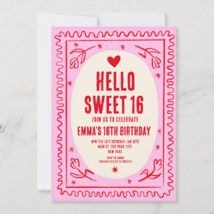 Retro Roze Rood Handschrift Sweet 16 verjaardag Kaart