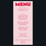 Retro Roze Rood Helder Funky Bold Modern Bruiloft Menu<br><div class="desc">Een kleurrijke retro funky modern roze rood vet bruiloft diner menu. Die chique sjabloon ontwerp van boho roze achtergrond en felrode magenta typografie en met de hand geschreven menu in het rood. Perfect en passend bij de hele suite.</div>