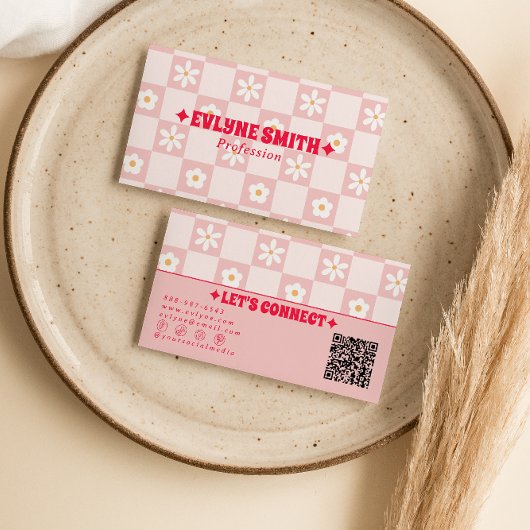 Retro Roze Rood QR Code Geruit Groovy Bloemig Visitekaartje